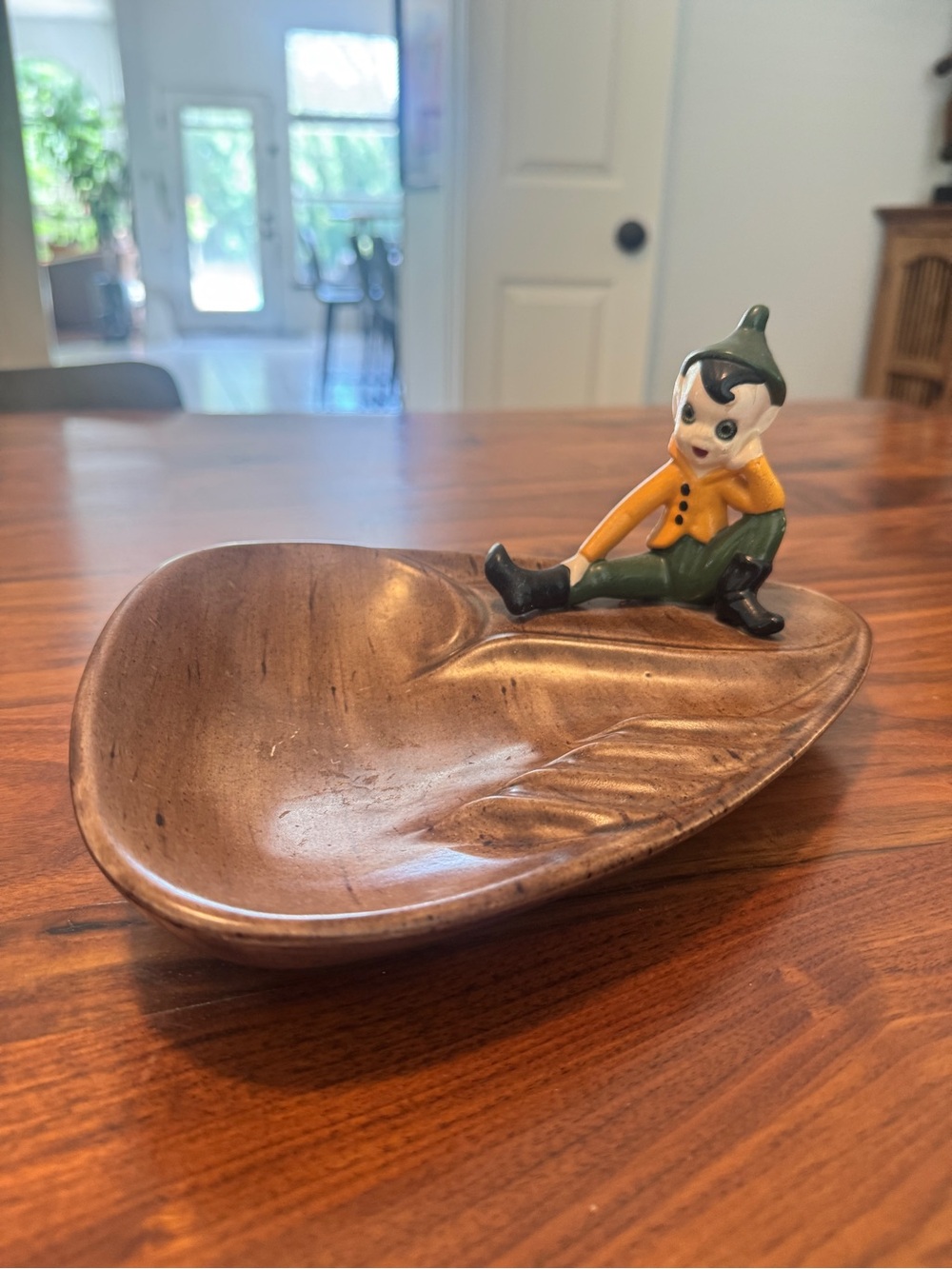 Vintage 1968 Ceramic Elf on Leaf Trinket Dish/Plate - Brown, Green, Yellow
